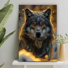 Lade das Bild in den Galerie-Viewer, Aluminiumbild Schnee bedeckter Wolf mit intensiven Augen No.2 Hochformat

