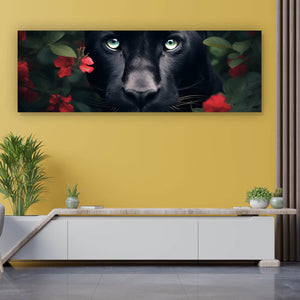 Poster Schwarzer Panther hinter roten Blüten Panorama