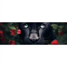 Lade das Bild in den Galerie-Viewer, Acrylglasbild Schwarzer Panther hinter roten Blüten Panorama
