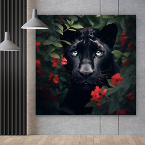 Poster Schwarzer Panther hinter roten Blüten Quadrat