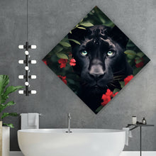 Lade das Bild in den Galerie-Viewer, Acrylglasbild Schwarzer Panther hinter roten Blüten Raute
