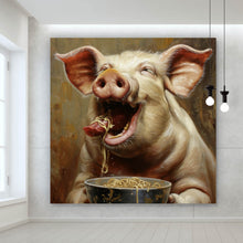 Lade das Bild in den Galerie-Viewer, Aluminiumbild Schwein isst Nudeln abstraktes Gemälde Quadrat
