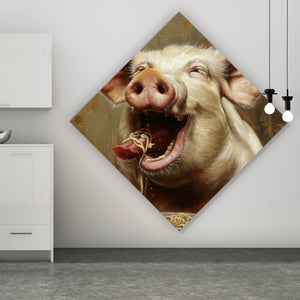 Poster Schwein isst Nudeln abstraktes Gemälde Raute