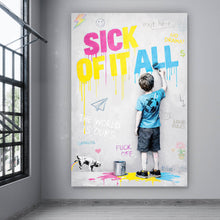 Lade das Bild in den Galerie-Viewer, Aluminiumbild gebürstet Sick of it all Pop Art Hochformat
