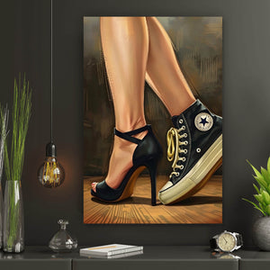 Aluminiumbild Sneaker und High Heel Kontrast Hochformat