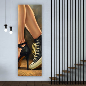 Acrylglasbild Sneaker und High Heel Kontrast Panorama Hoch
