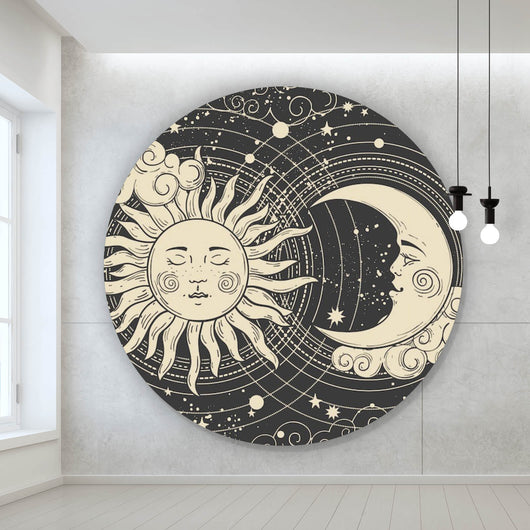 Aluminiumbild Sonne und Mond vereint Boho Style Kreis