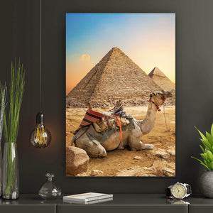 Leinwandbild Sonnenuntergang über Pyramiden mit ruhendem Kamel Hochformat