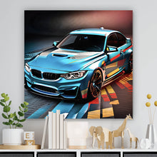 Lade das Bild in den Galerie-Viewer, Aluminiumbild gebürstet Sportwagen in farbenfroher dynamischer Komposition Quadrat
