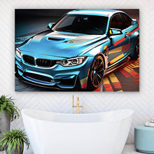 Lade das Bild in den Galerie-Viewer, Aluminiumbild Sportwagen in farbenfroher dynamischer Komposition Querformat
