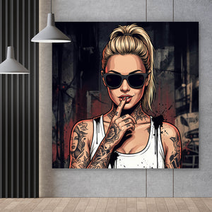 Poster Stilvolle tätowierte Frau mit Sonnenbrille Quadrat