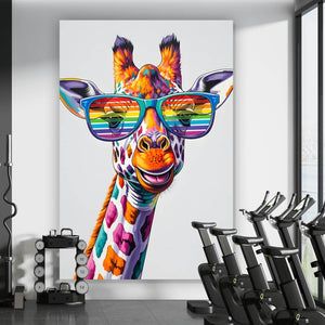 Aluminiumbild Stylische Giraffe mit moderner Sonnenbrille Hochformat