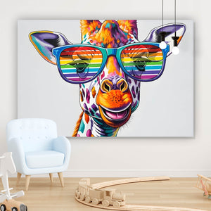 Aluminiumbild Stylische Giraffe mit moderner Sonnenbrille Querformat