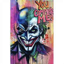 Lade das Bild in den Galerie-Viewer, Leinwandbild Superheld und Joker in lebendigen Farben vereint Hochformat
