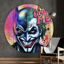Lade das Bild in den Galerie-Viewer, Aluminiumbild Superheld und Joker in lebendigen Farben vereint Kreis
