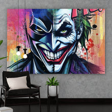 Lade das Bild in den Galerie-Viewer, Leinwandbild Superheld und Joker in lebendigen Farben vereint Querformat
