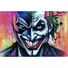 Lade das Bild in den Galerie-Viewer, Leinwandbild Superheld und Joker in lebendigen Farben vereint Querformat
