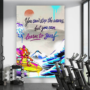 Leinwandbild Surfer Cartoon mit Motivationsspruch Hochformat