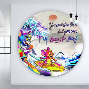 Aluminiumbild Surfer Cartoon mit Motivationsspruch Kreis