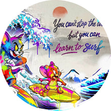 Lade das Bild in den Galerie-Viewer, Aluminiumbild gebürstet Surfer Cartoon mit Motivationsspruch Kreis
