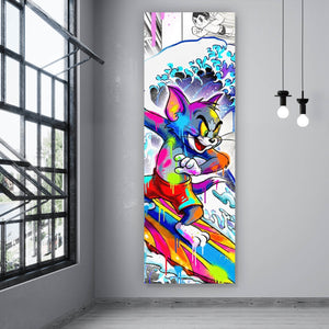 Leinwandbild Surfer Cartoon mit Motivationsspruch Panorama Hoch