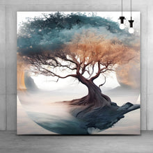 Lade das Bild in den Galerie-Viewer, Aluminiumbild gebürstet Surrealer Baum im Nebel Quadrat
