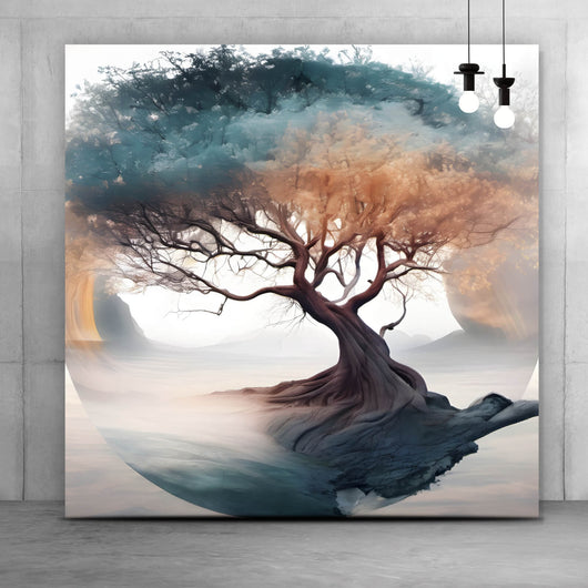 Acrylglasbild Surrealer Baum im Nebel Quadrat