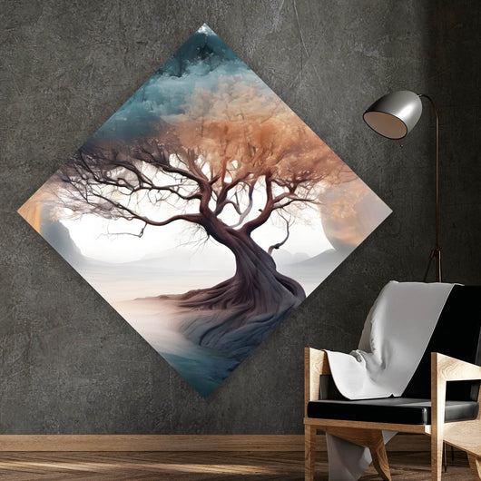 Acrylglasbild Surrealer Baum im Nebel Raute