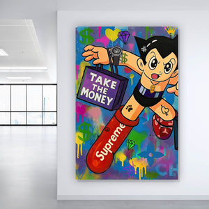 Aluminiumbild gebürstet Take the Money and Run Hochformat