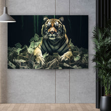 Lade das Bild in den Galerie-Viewer, Acrylglasbild Tiger thront auf Geldscheinen Querformat
