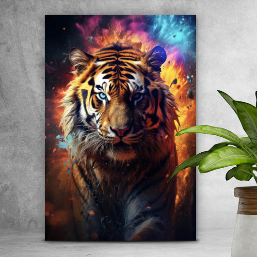 Leinwandbild Tiger Portrait mit dynamischen Hintergrund Hochformat