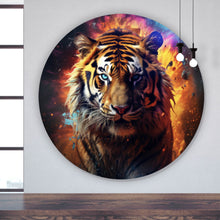 Lade das Bild in den Galerie-Viewer, Aluminiumbild gebürstet Tiger Portrait mit dynamischen Hintergrund Kreis
