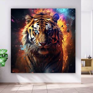 Aluminiumbild Tiger Portrait mit dynamischen Hintergrund Quadrat