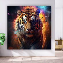 Lade das Bild in den Galerie-Viewer, Acrylglasbild Tiger Portrait mit dynamischen Hintergrund Quadrat
