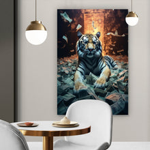 Lade das Bild in den Galerie-Viewer, Leinwandbild Tiger schwimmt in Geldscheinen Hochformat
