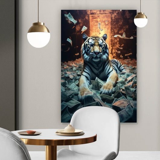 Acrylglasbild Tiger schwimmt in Geldscheinen Hochformat