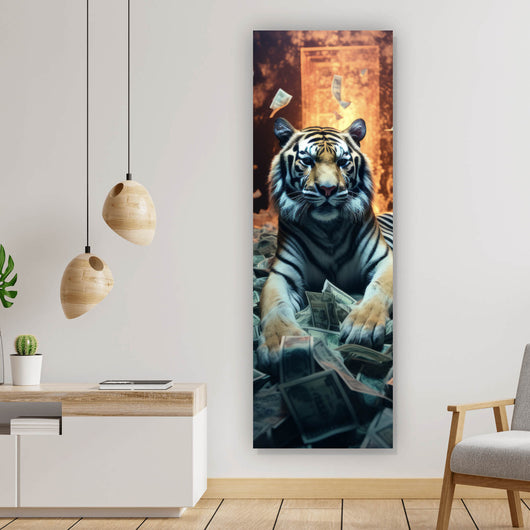 Acrylglasbild Tiger schwimmt in Geldscheinen Panorama Hoch