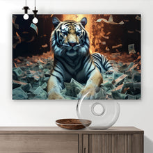 Lade das Bild in den Galerie-Viewer, Aluminiumbild Tiger schwimmt in Geldscheinen Querformat
