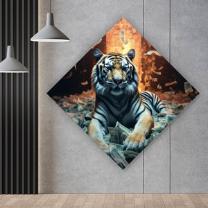 Acrylglasbild Tiger schwimmt in Geldscheinen Raute