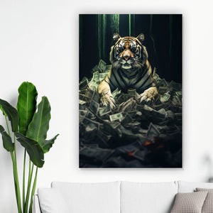 Acrylglasbild Tiger thront auf Geldscheinen Hochformat