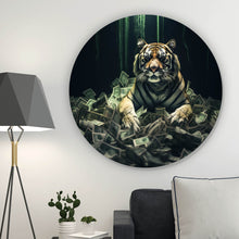 Lade das Bild in den Galerie-Viewer, Aluminiumbild gebürstet Tiger thront auf Geldscheinen Kreis
