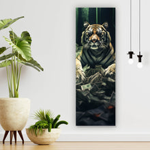 Lade das Bild in den Galerie-Viewer, Acrylglasbild Tiger thront auf Geldscheinen Panorama Hoch
