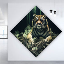 Lade das Bild in den Galerie-Viewer, Acrylglasbild Tiger thront auf Geldscheinen Raute
