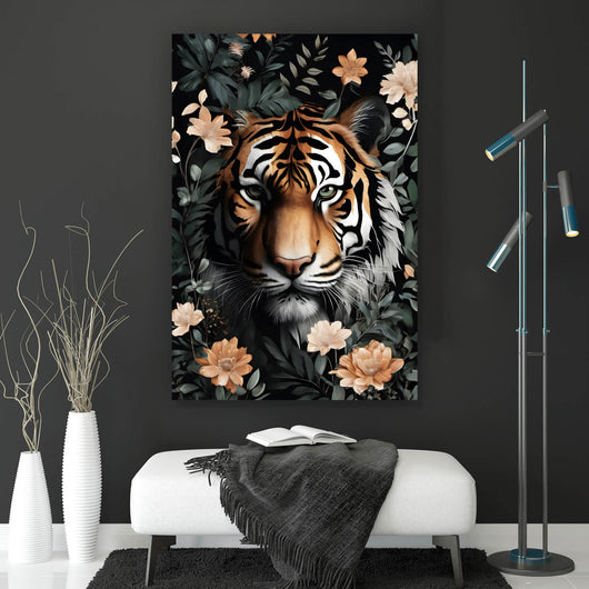 Acrylglasbild Tigerkopf in exotischen Pflanzen Hochformat