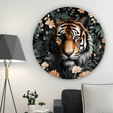 Lade das Bild in den Galerie-Viewer, Aluminiumbild Tigerkopf in exotischen Pflanzen Kreis
