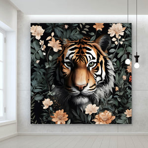 Acrylglasbild Tigerkopf in exotischen Pflanzen Quadrat