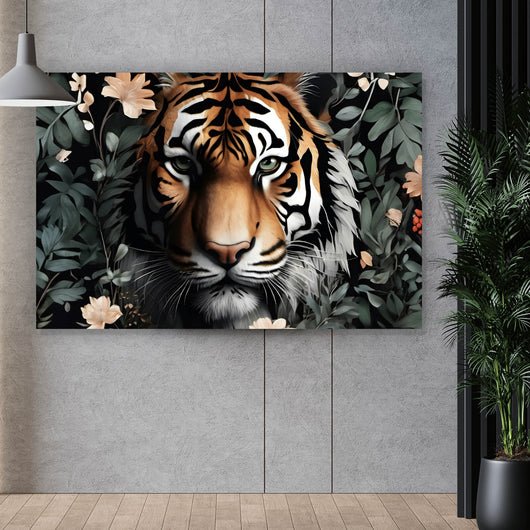 Acrylglasbild Tigerkopf in exotischen Pflanzen Querformat