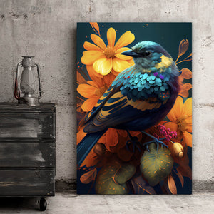 Aluminiumbild gebürstet Tropischer Vogel mit Blumen Modern Art No. 3 Hochformat