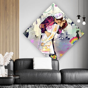 Acrylglasbild Verliebtes Paar im bunten Pop Art Stil Raute