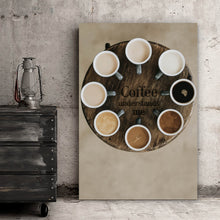 Lade das Bild in den Galerie-Viewer, Leinwandbild Verschiedene Kaffeesorten auf einem Tablett serviert Hochformat
